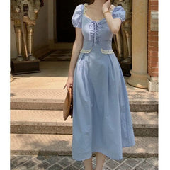 Puff Sleeve High Waist Retro Dress Women Square Collar A-line Long Dress 2021 Summer New Elegant Female Clothes Designer Korean