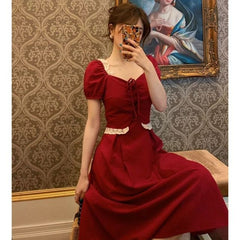 Puff Sleeve High Waist Retro Dress Women Square Collar A-line Long Dress 2021 Summer New Elegant Female Clothes Designer Korean