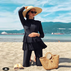 3 Pieces Plus Size Muslim Swimwear Whole Black Ruffle Burkini With Bra Padding Swimsuits Women Maillot De Bain Femme