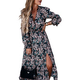 Summer Women Vintage Dress High Waist Ruffle Lady Casual Dress Sexy V-Neck Elegant Floral Printed Puff Sleeve Female Dress