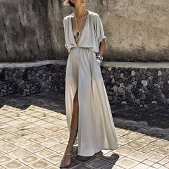 Women Sexy Maxi Dress Deep V-Neck Batwing Short Sleeve Casual Loose Pockets Vintage High Split Boho Beach Dress Vestidos