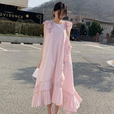 Korean Style Elegant White Dress Summer New 2021 Round Neck Fashion Ladies Solid Color Casual Irregular Women Clothing