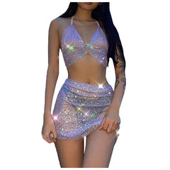 New y2k Style Women's Fashion Sexy Backless Navel Lace Up Perspective Bright Silk Suit Sexy streetwear for women suits sets