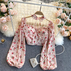 Lizakosht New Sexy Women Tops Gothic Floral Print Elegant Chiffon Blouse Shirts Long Sleeve Pink Lady Crop Tops Clothing