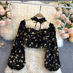 Lizakosht New Sexy Women Tops Gothic Floral Print Elegant Chiffon Blouse Shirts Long Sleeve Pink Lady Crop Tops Clothing