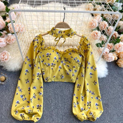 Lizakosht New Sexy Women Tops Gothic Floral Print Elegant Chiffon Blouse Shirts Long Sleeve Pink Lady Crop Tops Clothing