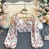 Lizakosht New Sexy Women Tops Gothic Floral Print Elegant Chiffon Blouse Shirts Long Sleeve Pink Lady Crop Tops Clothing