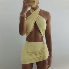 JillPeri Double Layered Yellow Adjustable Strappy Halter Mini Dress Women Sexy Outfits Club Ruched Vacation Beach Summer Dress