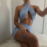 JillPeri Double Layered Yellow Adjustable Strappy Halter Mini Dress Women Sexy Outfits Club Ruched Vacation Beach Summer Dress