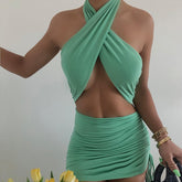 JillPeri Double Layered Yellow Adjustable Strappy Halter Mini Dress Women Sexy Outfits Club Ruched Vacation Beach Summer Dress