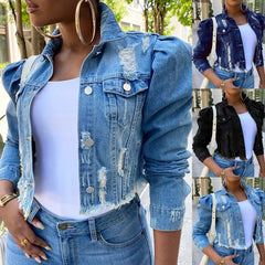 Big Sale Spring Women Sexy Ripped Denim Jackets Vintage Casual Short Jean Jacket Puff Sleeve Winter Female Coat Streetwear