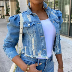 Big Sale Spring Women Sexy Ripped Denim Jackets Vintage Casual Short Jean Jacket Puff Sleeve Winter Female Coat Streetwear
