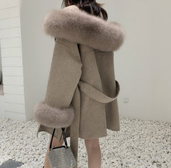 Lizakosht Luxury Oversized Real Cashmere Blend Coat Women Winter Wool Hooded Cardigan Jacket With Genuine Fox Fur Collar