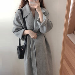 FTLZZ New Spring Women Elegant Turn-down Collar Woolen Long Coat Vintage Solid Warm Outwear Empire Slim Coat with Belt