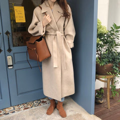 FTLZZ New Spring Women Elegant Turn-down Collar Woolen Long Coat Vintage Solid Warm Outwear Empire Slim Coat with Belt