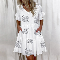 Casual Ruffles Loose V-Neck Dress Women Summer Short Sleeve Floral Print Woman Dress Plus Size 2021 Fashion White Beach Dresses