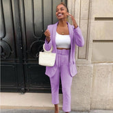 Classic Office Blazer Suit Two Piece Set 2021 Women Casual Commute Cropped Pants Suits Solid Color Mid Length Blazer with Pocket