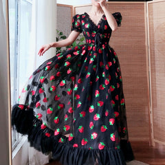 Maxi Dresses For Women 2021 Summer Strawberry Dress Plus Size Mesh Robe Sexy Party Club Elegant Female Casual Dresses Vestidos