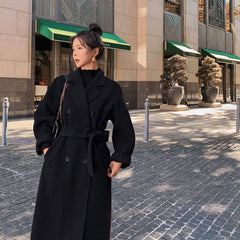 Korea Women Spring Autumn Black Loose Long Wool Coat Jacket Belt Woolen Overcoat Split Hem Cardigan Outerwear 3XL