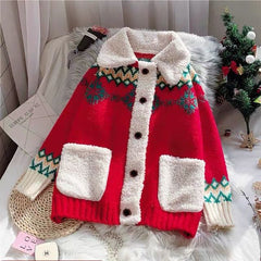 Red Christmas Sweater Cardigan women thickened autumn winter 2020 new loose super fire knitted jacket