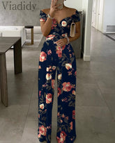 Women Casual Floral Print Short Sleeve Wide Leg Jumpsuit