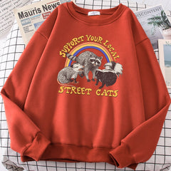 LIZAKOSHT - Support Your Local Street Cats Print Hoody Women Fashion Fleece Hoodie Oversize Loose Sweatshirt Crewneck Pullover Female Autumn