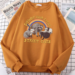 LIZAKOSHT - Support Your Local Street Cats Print Hoody Women Fashion Fleece Hoodie Oversize Loose Sweatshirt Crewneck Pullover Female Autumn