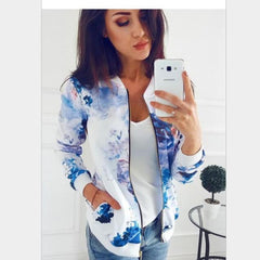 LIZAKOSHT - Autumn New Plus Size Printed Bomber Jacket Women Pockets Zipper Long Sleeve Coat Female Flower Chiffon White Jacket Woman