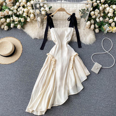 Summer Fashion Vestidos Women's Square Collar Stitching Hollow Waist Contrast Color Sling Irregular Midi Dress GK728