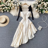 Summer Fashion Vestidos Women's Square Collar Stitching Hollow Waist Contrast Color Sling Irregular Midi Dress GK728