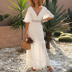 Casual Stitching Embroidery Maxi Dress Bohemian White Summer Short Sleeve Women Beach Dress Sexy V-neck Vestidos