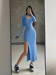 Sexy Knitted Dress Autumn And Winter New Style V-neck Elastic Tight-fitting Bag Hip Slit Design Mid-length Dress Fashion