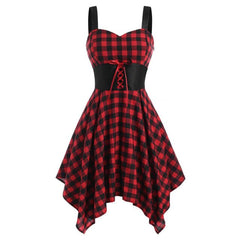 Red Black Plaid Vintage 50s Dress Women Lace Up Patchwork Sling Sexy A Line Party Gothic Ladies Elegant Retro Vestidos