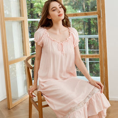 Summer Women Nightgowns White Cotton Short Sleeve Nightdress Vintage Long Sleepwear Lace Sexy Nightwear Home Night Dress