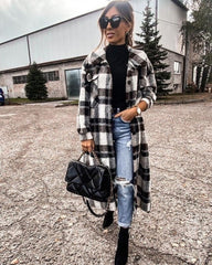 Women's Coat Autumn Winter Long Sleeve Red Plaid Jacket Women Lapel Single Breasted Cardigan Coat Turndown Collar Women Coat
