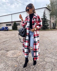 Women's Coat Autumn Winter Long Sleeve Red Plaid Jacket Women Lapel Single Breasted Cardigan Coat Turndown Collar Women Coat