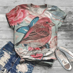 LIZAKOSHT  -  Floral Tshirt Women Birds Print Graphic Tee Kawaii Female Clothes Girls Valentine's Day Cute Tops Aesthetic Harajuku Shirt Teens