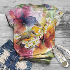 LIZAKOSHT  -  Floral Tshirt Women Birds Print Graphic Tee Kawaii Female Clothes Girls Valentine's Day Cute Tops Aesthetic Harajuku Shirt Teens