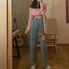 Streetwear Heart shaped hole jeans for women high waist mom jeans vintage Black denim pants Full Length trouser Harajuku