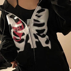 Stylish Bone Pattern Zipper Up Hoodies Streetwear Oversized Hooded Sweatshirt Women Long Sleeve Casual Harajuku Graphic Outwear