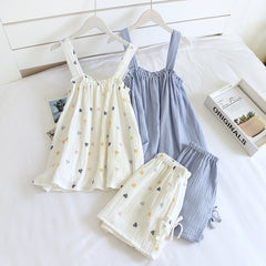 Summer New Style Ladies Pajamas Two-piece 100%Cotton Crepe Suspender Shorts Vest Suit Sweet And Loose Home Service Sexy Pjs