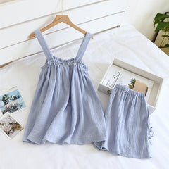 Summer New Style Ladies Pajamas Two-piece 100%Cotton Crepe Suspender Shorts Vest Suit Sweet And Loose Home Service Sexy Pjs
