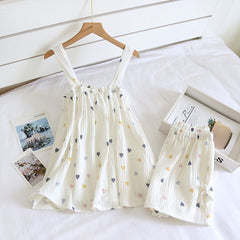 Summer New Style Ladies Pajamas Two-piece 100%Cotton Crepe Suspender Shorts Vest Suit Sweet And Loose Home Service Sexy Pjs