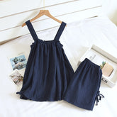 Summer New Style Ladies Pajamas Two-piece 100%Cotton Crepe Suspender Shorts Vest Suit Sweet And Loose Home Service Sexy Pjs