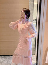 JSXDHK 2021 New Runway Designer Women Black Long Dress Elegant Spring Chiffon Patchwork Lace V Neck Lantern Sleeve Pleated Dress