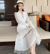 JSXDHK 2021 New Runway Designer Women Black Long Dress Elegant Spring Chiffon Patchwork Lace V Neck Lantern Sleeve Pleated Dress