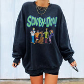 Black Cartoon Letter Printing Sweatshirt Women Plus Size Hoodies Loose Vintage O Neck Long Sleeve Fashion Thin Clothes for Teens