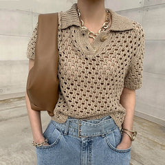 Korejpaa Women T-Shirt Summer Korean Chic French Retro Lapel Mesh Hollow Perspective Design Casual Short-Sleeved Sweater