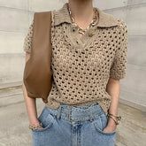 Korejpaa Women T-Shirt Summer Korean Chic French Retro Lapel Mesh Hollow Perspective Design Casual Short-Sleeved Sweater
