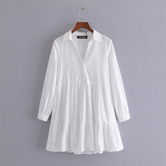 Tangada 2021 Fashion Women Elegant White Pleated Shirt Dress Long Sleeve Office Ladies Mini Dress 3H60